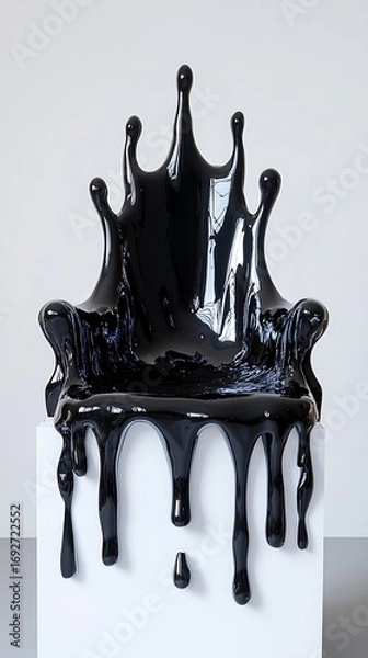 Fototapeta Unique Glossy Black Chair Sculpture with Dripping Design on a White Pedestal Displayed Indoors