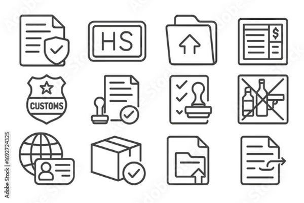 Fototapeta Customs & Compliance Icons. Line style icons of customs and compliance in shipping: customs declaration icon, HS code label,