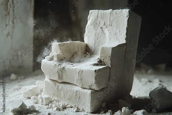 Fototapeta White Concrete Chair Sculpture Crumbling in Abandoned Room Interior, Dust Particles Floating Around