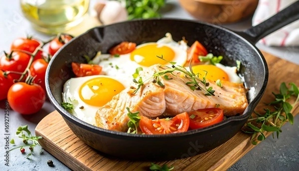 Fototapeta Fried eggs with salmon and cherry tomatoes in a cast iron skillet