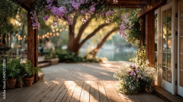 Fototapeta A rustic wooden arbor adorned with wildflowers and greenery, glowing sunset casting long shadows, soft bokeh lights in the background, intimate and romantic