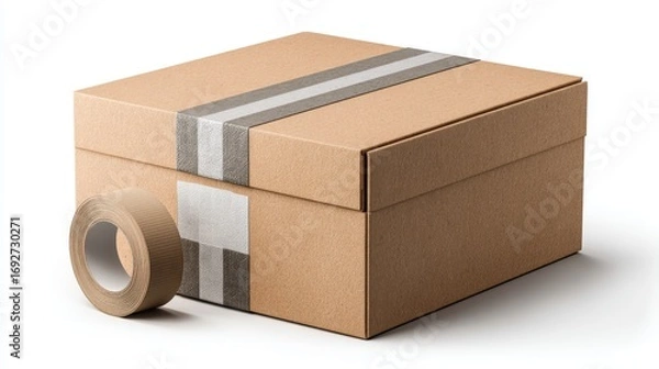 Fototapeta delivery box mockup with tape, isolated on white background