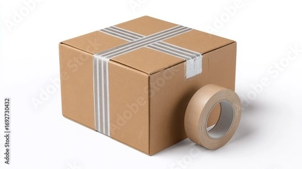 Fototapeta delivery box mockup with tape, isolated on white background