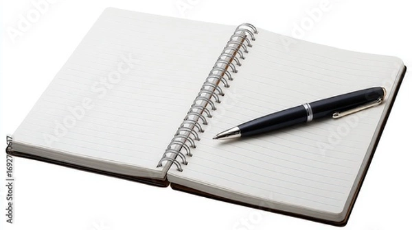 Fototapeta desk workspace with empty notebook and pen holder, isolated on white background