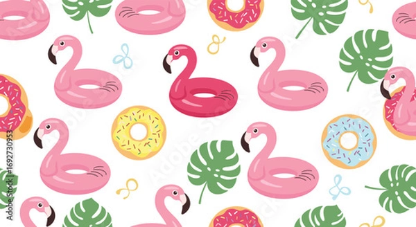 Fototapeta Fun summer beach party tropical flamingo donut pool float pattern