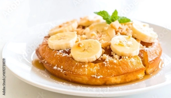 Fototapeta Fluffy waffle topped with sliced bananas, nuts, and powdered sugar