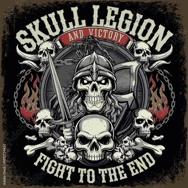 Fototapeta Vector Bold skull illustrations with crossed swords, wings, shields, and flaming elements. Gothic and warrior-inspired vector art featuring chains, bones, and dramatic . Perfect for t-shirt prints,