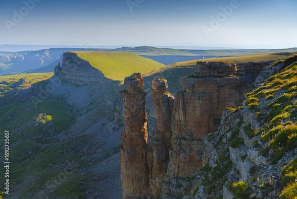 Fototapeta A panoramic aerial view of the Two Monks rock on the Bolshoy Bermamyt plateau, North Caucasus, without people, at daytime, Stavropol Krai, Russia
