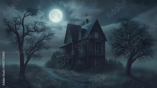 Fototapeta Spooky Old House Under a Full Moon at Night