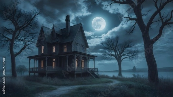 Fototapeta Spooky Old House Under a Full Moon at Night