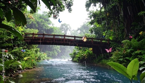 Fototapeta Lush rainforest with a wooden bridge over a flowing river and butterflies