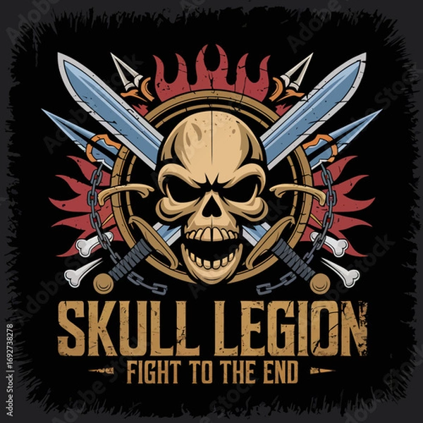 Fototapeta Vector Bold skull illustrations with crossed swords, wings, shields, and flaming elements. Gothic and warrior-inspired vector art featuring chains, bones, and dramatic . Perfect for t-shirt prints,