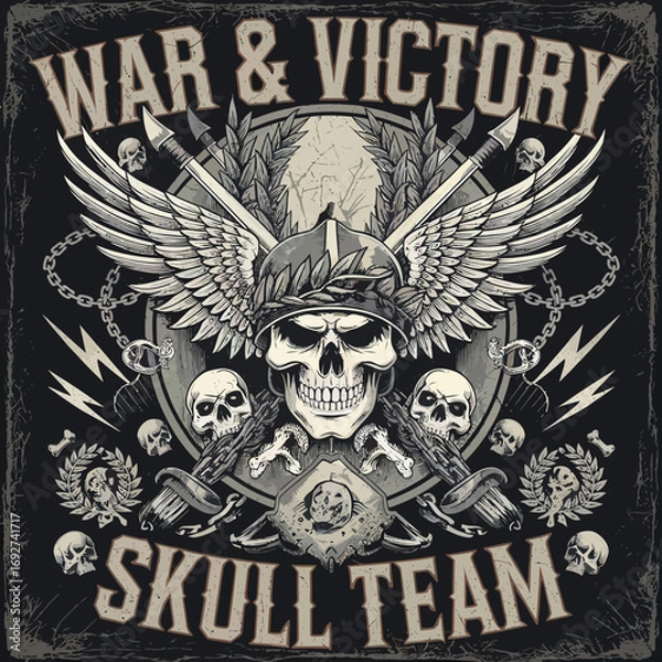 Fototapeta Vector Bold skull illustrations with crossed swords, wings, shields, and flaming elements. Gothic and warrior-inspired vector art featuring chains, bones, and dramatic . Perfect for t-shirt prints,