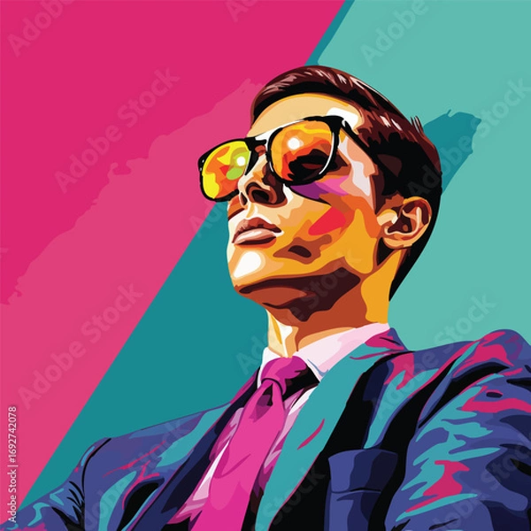 Fototapeta Bold pop art portrait of a confident man in sunglasses and suit with a vibrant background, symbolizing style, power, and modern success.