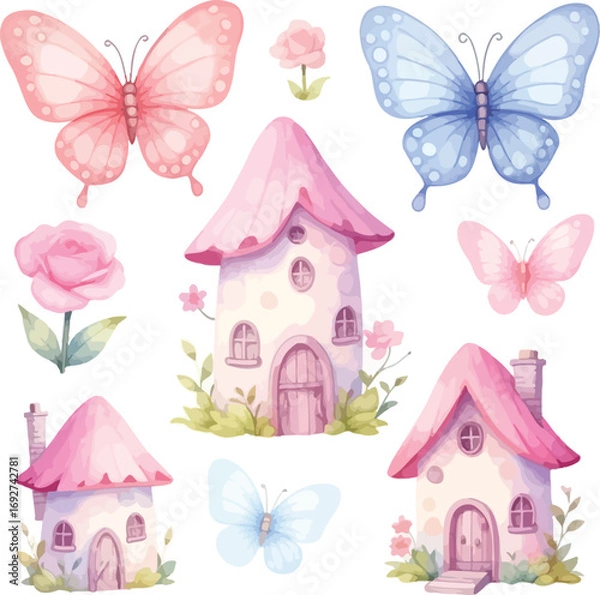 Obraz Magical fairy houses and butterflies watercolor collection for enchanting designs white background