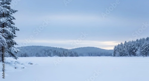 Fototapeta Serene snowy landscape featuring a frozen lake and snow-covered forests under a pale sky