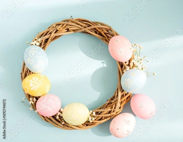 Obraz Pastel Easter eggs in a wicker wreath on a light blue background