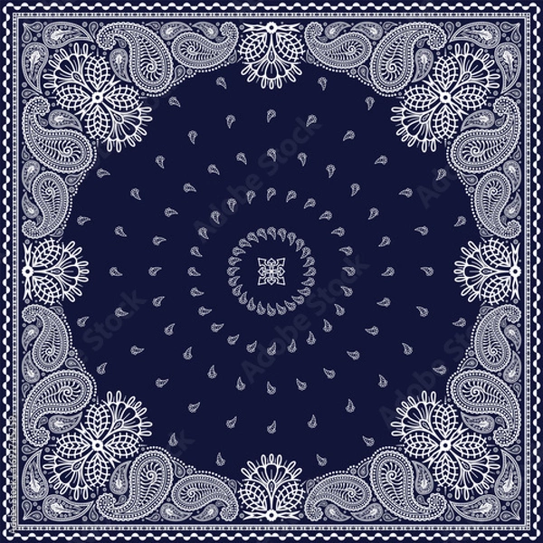 Fototapeta Bandana paisley square ethnic floral hand drawn pattern.Ornament classic vintage vector elements white on navy blue background.Design for scarf,headscarf,kerchief,tablecloth,print fabric,decoration.