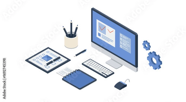 Fototapeta Modern office workspace with digital devices and stationery in 3d isometric style