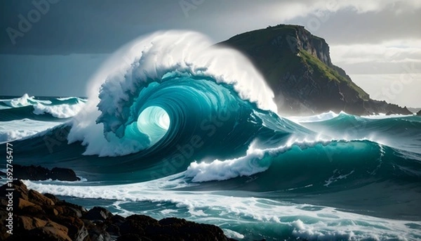 Obraz Powerful ocean wave, turquoise,  dramatic curl, coastal landscape
