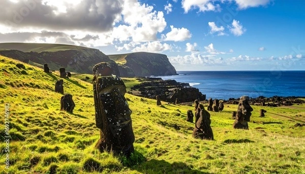 Fototapeta Ancient statues on a grassy hillside overlooking the ocean