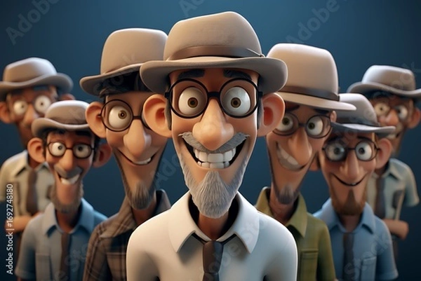 Fototapeta Group of animated characters with distinct features and expressions, set against a simple background