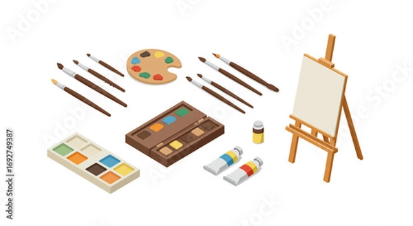 Fototapeta Isometric art supplies collection with brushes, paints, and easel for creative projects