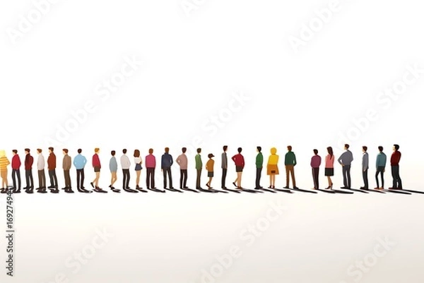 Fototapeta Diverse group of people standing in a long queue against a minimalistic white background