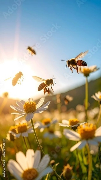 Obraz Busy bees flit among daisy flowers bathed in sunlight