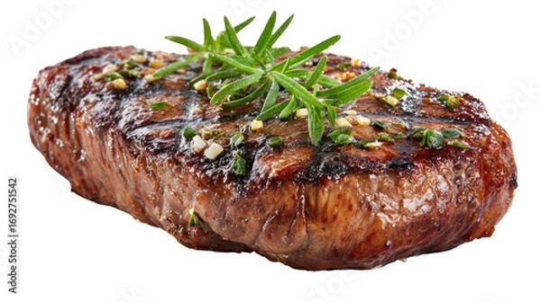 Fototapeta Juicy grilled steak with grill marks herbs and seared edges on transparent background