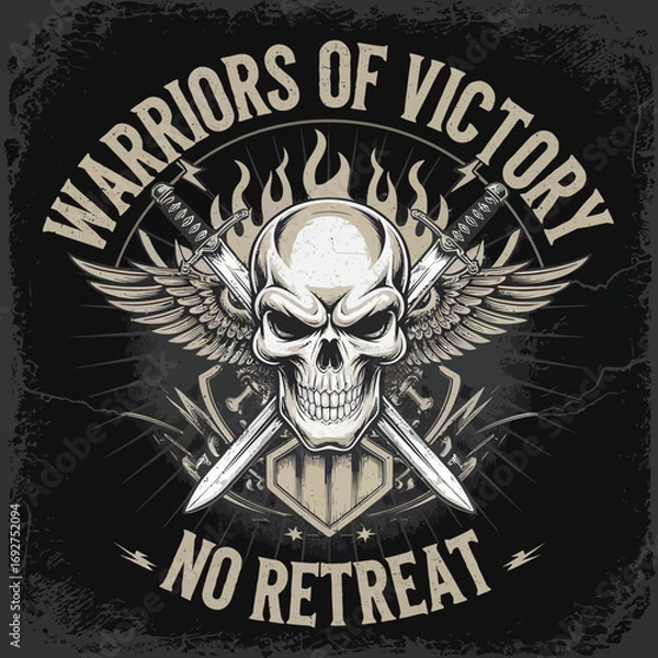Fototapeta Vector Bold skull illustrations with crossed swords, wings, shields, and flaming elements. Gothic and warrior-inspired vector art featuring chains, bones, and dramatic . Perfect for t-shirt prints,
