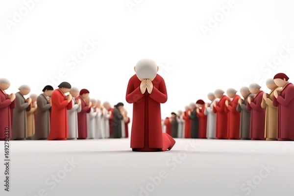 Fototapeta A group of stylized figures in red robes engaged in prayer, with a focus on one figure in the foreground