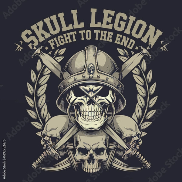 Fototapeta Vector Bold skull illustrations with crossed swords, wings, shields, and flaming elements. Gothic and warrior-inspired vector art featuring chains, bones, and dramatic . Perfect for t-shirt prints,