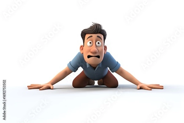 Fototapeta A cartoon man crawling on the ground with a worried expression in a plain white background