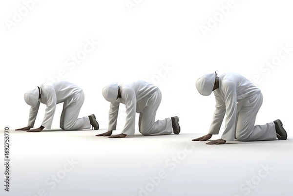 Fototapeta Three individuals in white attire kneeling on a smooth surface, showcasing teamwork and unity