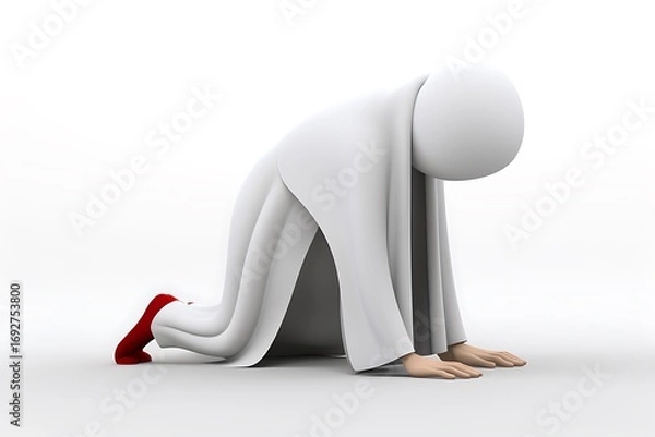 Fototapeta A stylized figure in white kneeling on hands and knees, symbolizing prayer or submission in a minimalistic setting