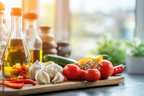 Fototapeta Culinary Freshness: A collection of vibrant ingredients, including tomatoes, garlic, olive oil, and herbs, are artfully arranged on a wooden cutting board, illuminated by natural light.
