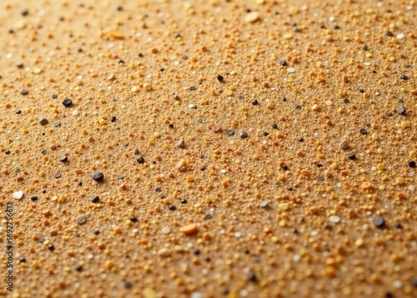 Fototapeta Golden beach sand with scattered colorful pebbles and shells, warm natural texture. Close-up detail showcasing coastal beauty and organic patterns for summer vacation themes.
