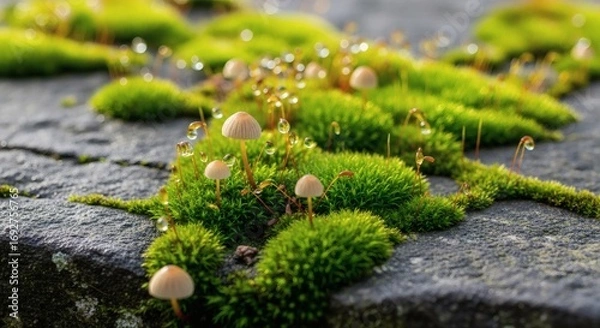 Fototapeta Tiny Mushrooms and Moss with Dew Drops on Stone