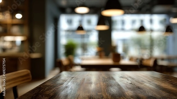Fototapeta Dark wooden table surface with blurred cafe or restaurant interior background including lights and
