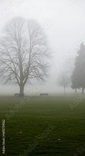 Fototapeta Solitary stillness: A tranquil park scene enveloped in atmospheric morning fog and bare trees