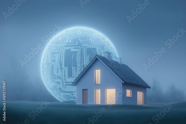 Fototapeta Modern off-grid house with glowing translucent holographic sphere above roof, filled with circuit-like patterns and data streams