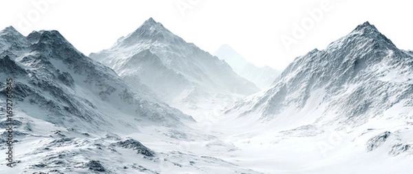 Fototapeta Cold alpine landscape with snow-covered slopes and ridges, isolated on transparent cutout background