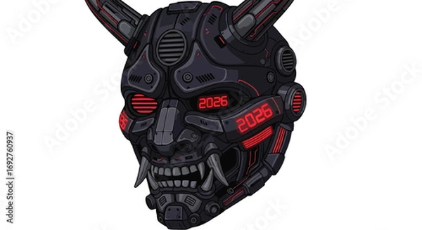 Fototapeta Futuristic black cyberpunk Oni mask with glowing red accents robot demon samurai tech digital future japan