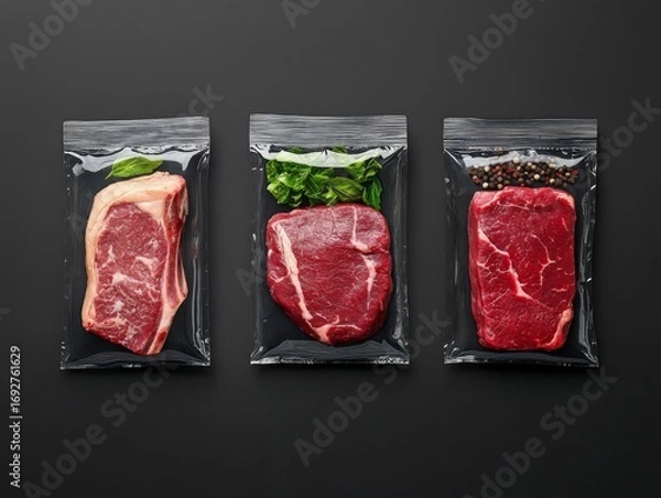 Fototapeta Vacuum-aged steak. Meat products in plastic packaging: club steak, on a black stone background, top view, flat lay, with space for text.
