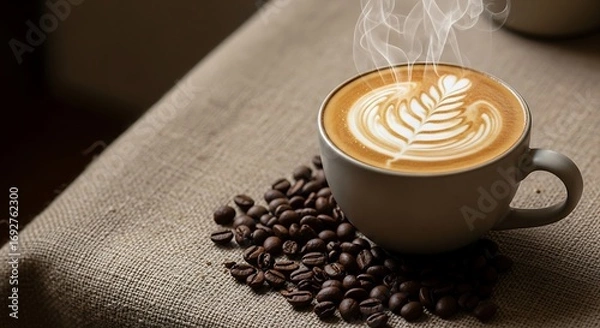 Fototapeta Steaming hot latte with coffee beans on burlap fabric.