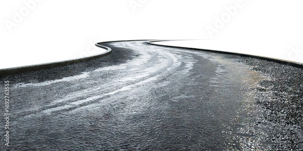 Fototapeta Curving wet asphalt road, isolated on transparent cutout background