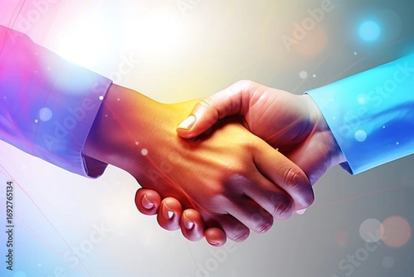 Fototapeta Two diverse hands engaging in a firm handshake, symbolizing partnership and agreement, with a colorful abstract background
