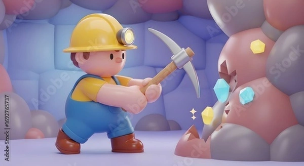 Fototapeta Cartoon Miner Mining Gems in Cave