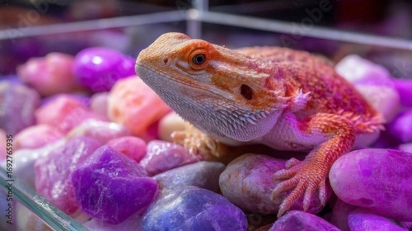 Fototapeta Colorful bearded dragon resting on vibrant stones in a terrarium during the late afternoon